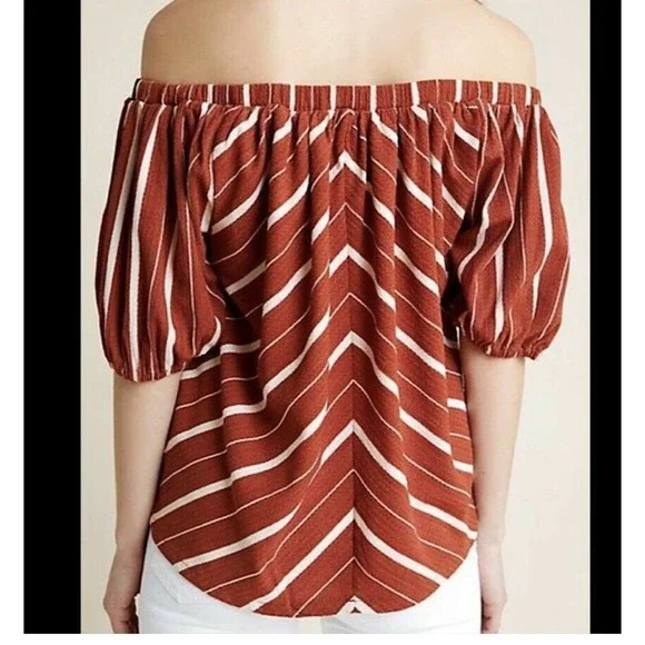Anthropologie Womens Off The Shoulder Top Rust & White Stripe Elastic Neckline S - Picture 2 of 9